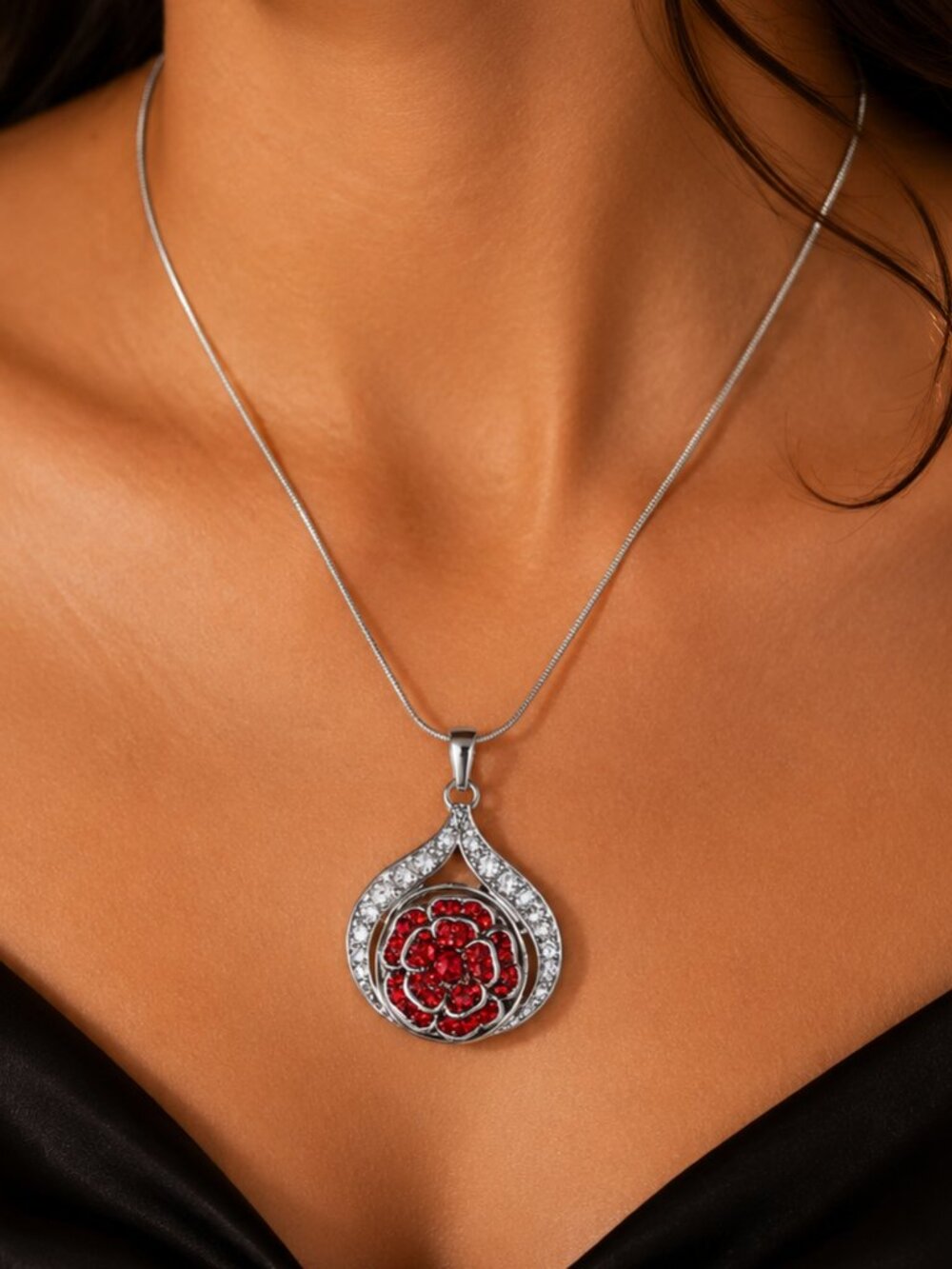 Silver Rhinestone Teardrop Snap Necklace Ruby Red Flower Snap 925 Chain